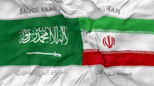 Split visual of Saudi Arabia & Iran flags or maps